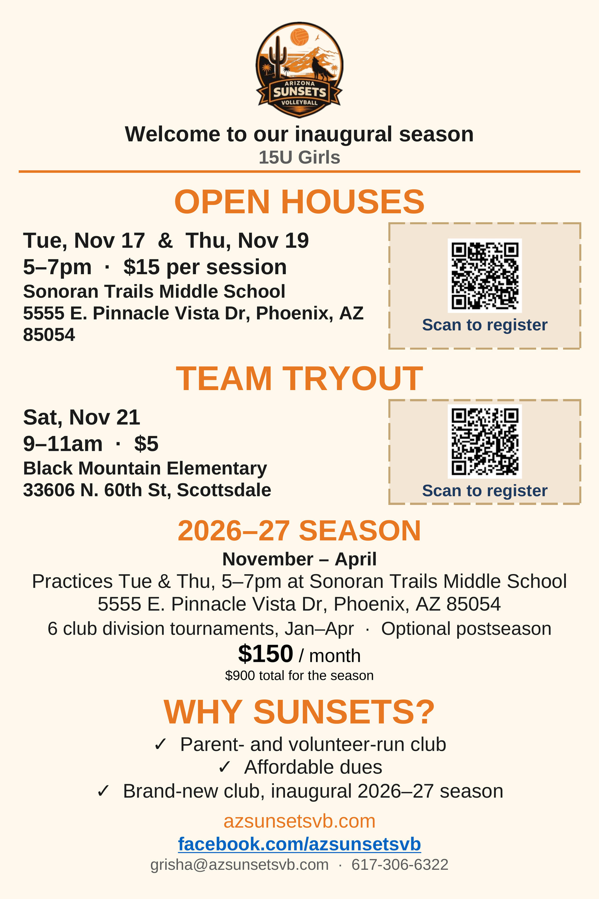AZ Sunsets 15U open house and tryout flyer