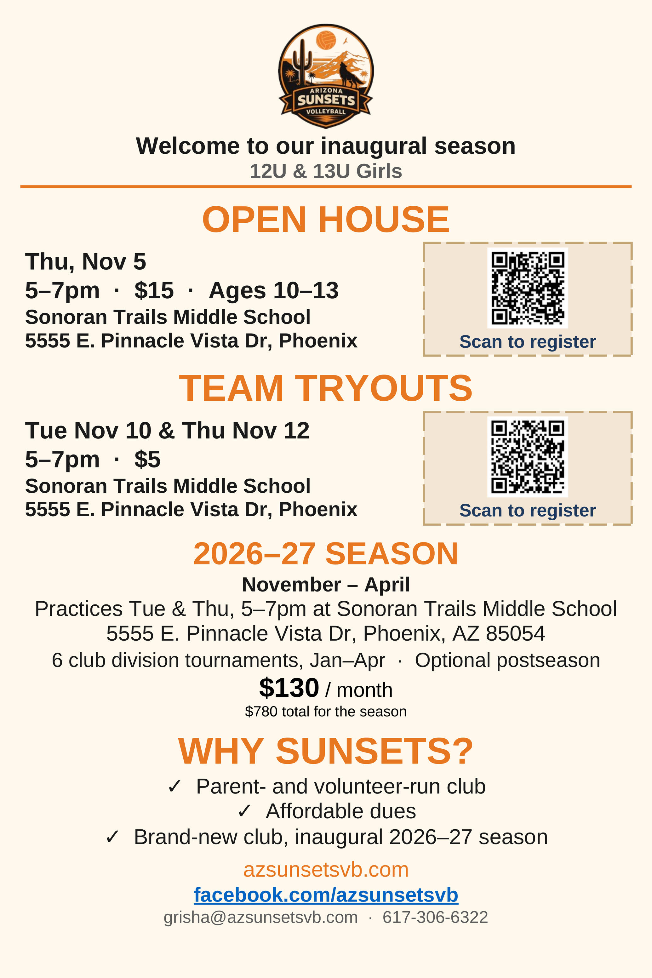 AZ Sunsets 12U and 13U open house and tryouts flyer